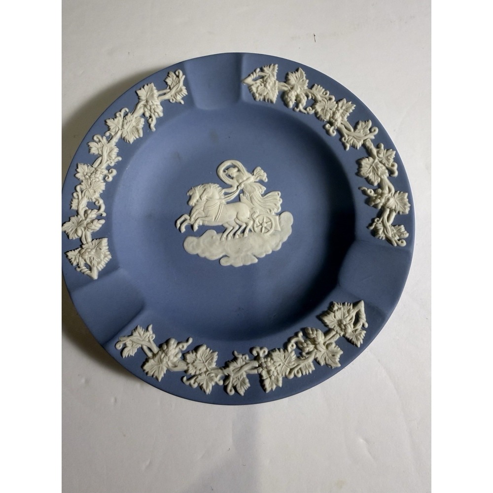 Wedgwood Blue Jasperware Ashtray Grape Vine Chariot 6" Made in England